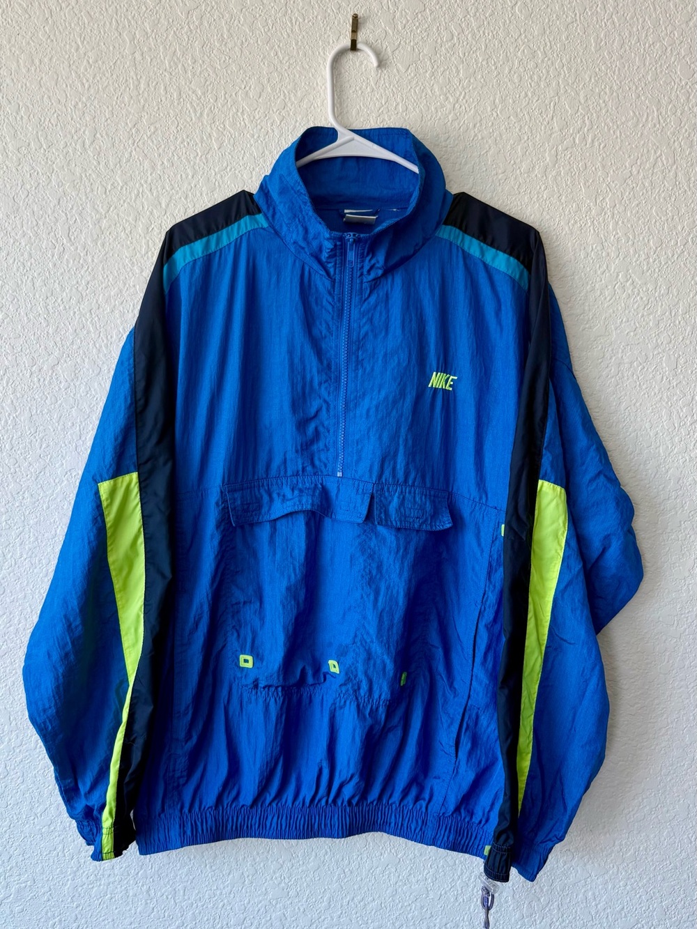 90’s Nike Large Blue Windbreaker Jacket with Bright Lime Accents